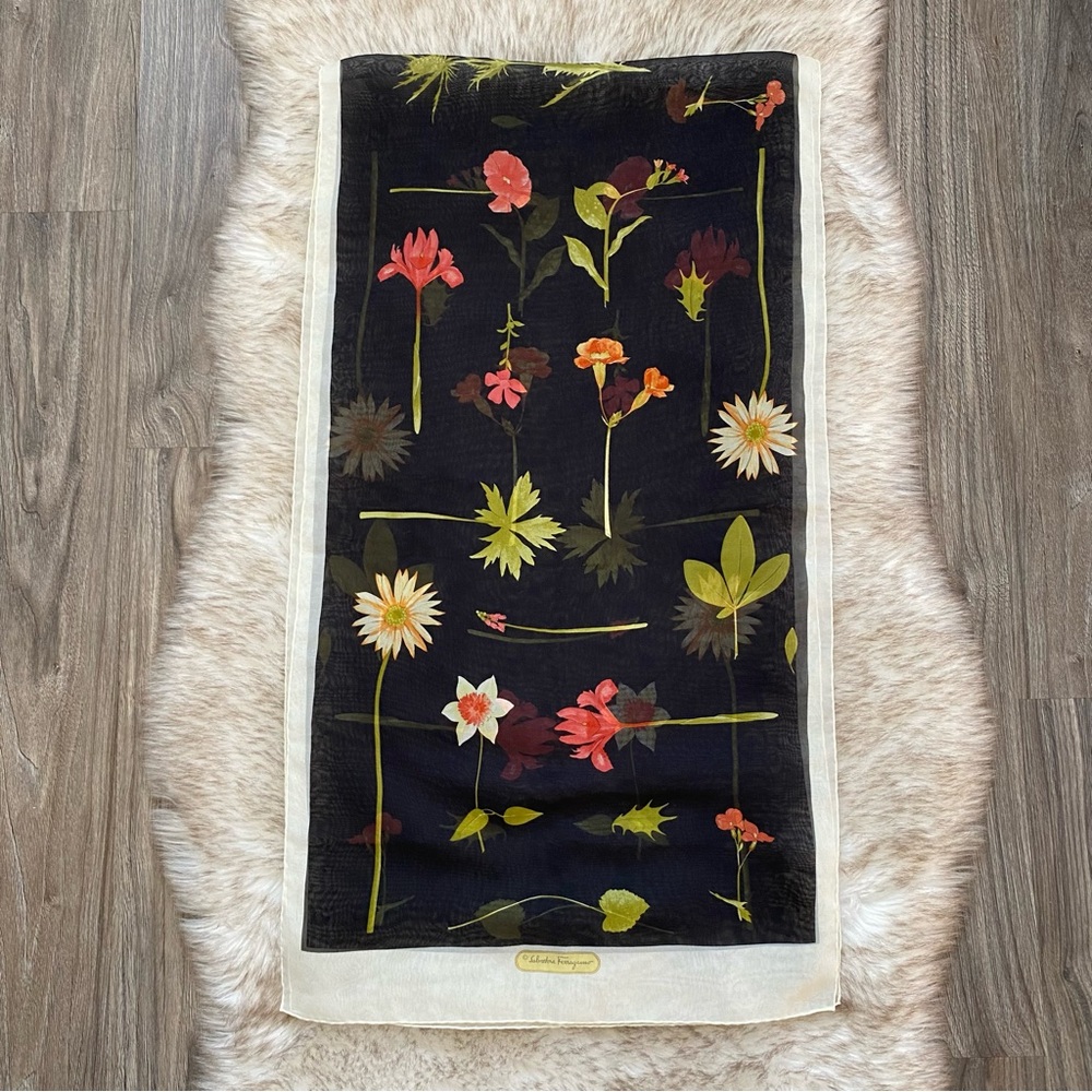 Vintage Salvatore Ferragamo Floral & Botanical Print Silk Scarf